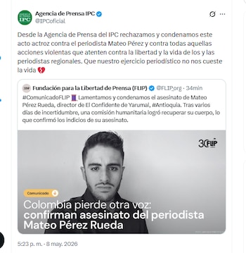 La Agencia de Prensa IPC condenó el asesinato del periodista Mateo Pérez, haciendo una crítica sobre el riesgo que corren los comunicadores por su oficio - crédito @IPCoficial/X