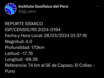 Reportan sismo en Puno durante