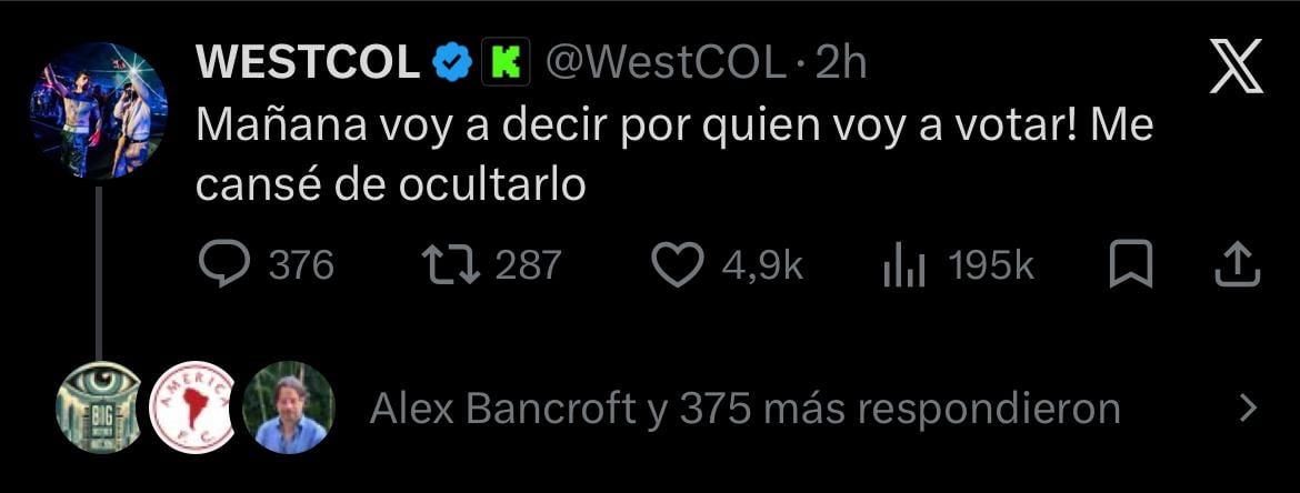 Westcol confesó que revelaría por quién daría su voto en las elecciones presidenciales - crédito @WestCOL/X