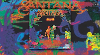 Portada del álbum Amigos de Santana al centro con texto "Santana" y "Amigos", figuras humanas y elefante. Fondo extendido y desenfocado de la misma portada.