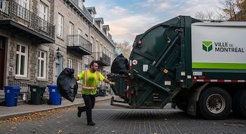 Hombre con chaleco amarillo fluorescente corre tras un camión de basura de Montreal. Lleva una bolsa negra en una calle adoquinada con hojas de otoño.