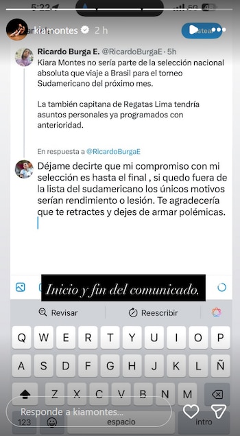 El pronunciamiento de Kiara Montes en redes sociales.