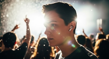 Un joven de perfil con un auricular inalámbrico en su oreja derecha. El fondo muestra siluetas de personas con los brazos levantados y luces brillantes.