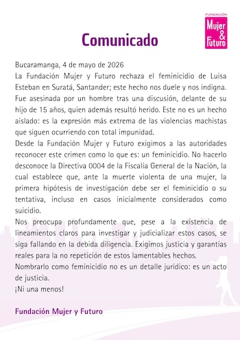 Comunicado oficial de las organizaciones pidiendo justicia en el caso - crédito Fundación Mujer y Futuro / X