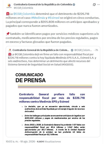 La Contraloría General de la República dejó en firme un fallo con responsabilidad fiscal por $226.718 millones contra Medimás EPS, Esimed y seis exdirectivos - crédito @CGR_Colombia/X