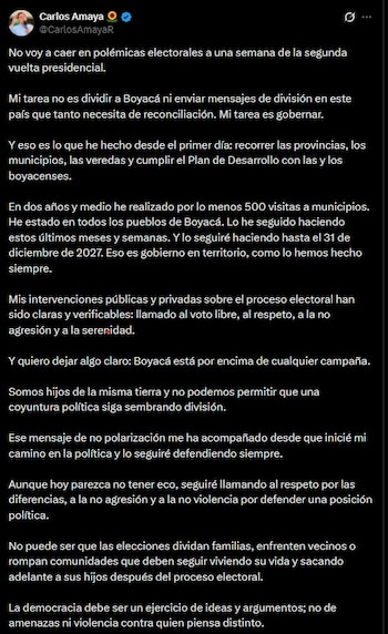 Carlos Amaya aseguró que no entrará en “polémicas electorales” a pocos días de la segunda vuelta presidencial y afirmó que su labor está centrada en gobernar y recorrer los municipios de Boyacá - crédito Carlos Amaya/X
