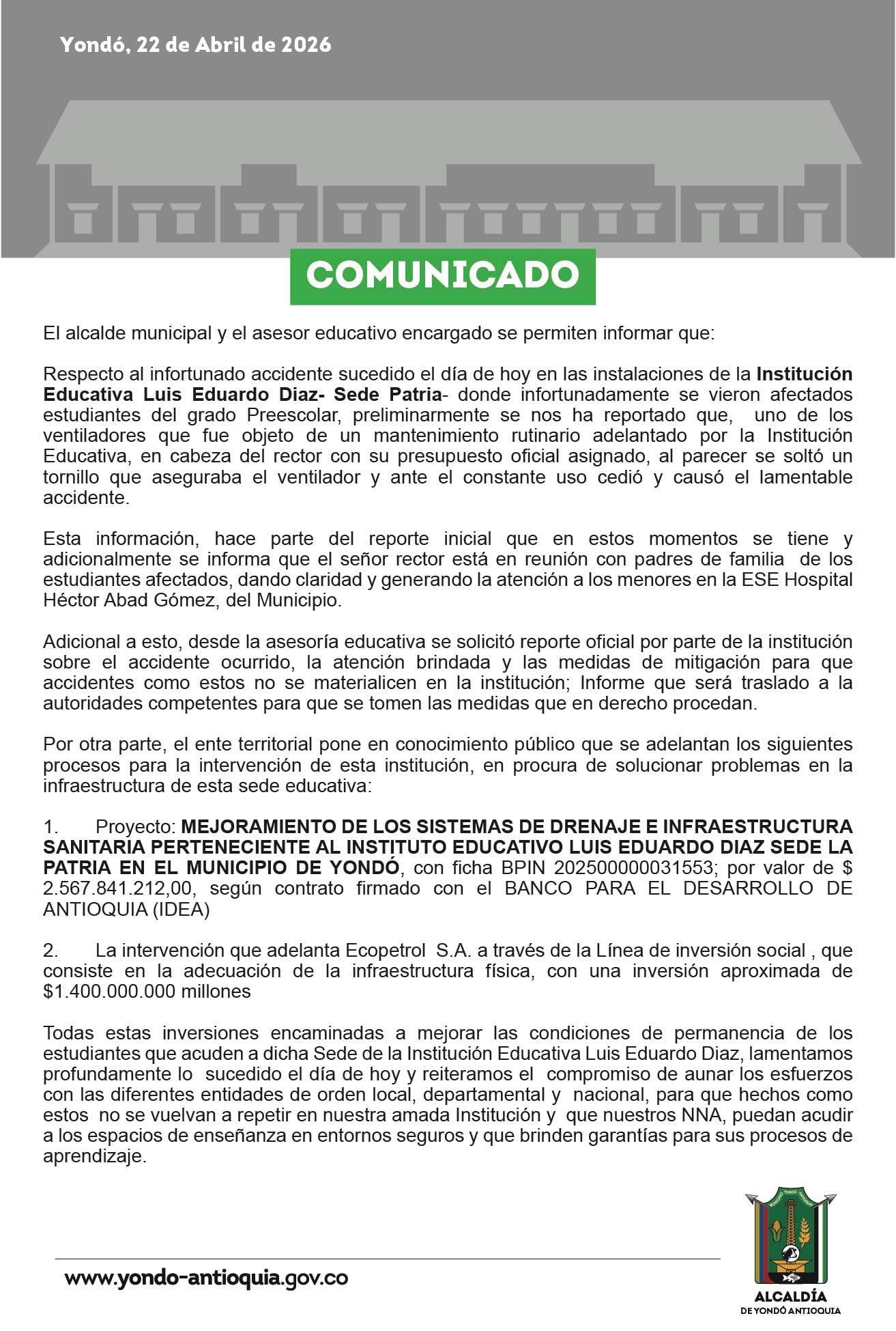 Tres estudiantes heridos en Yondó tras la caída de un ventilador en aula de preescolar - crédito Alcaldía Yondó