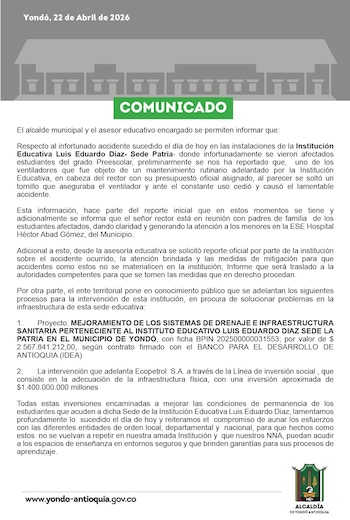 Tres estudiantes heridos en Yondó tras la caída de un ventilador en aula de preescolar - crédito Alcaldía Yondó