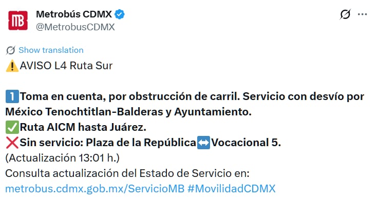 Avance en tiempo real de las diversas línea de la red de transporte público capitalino. (TW MB CDMX)