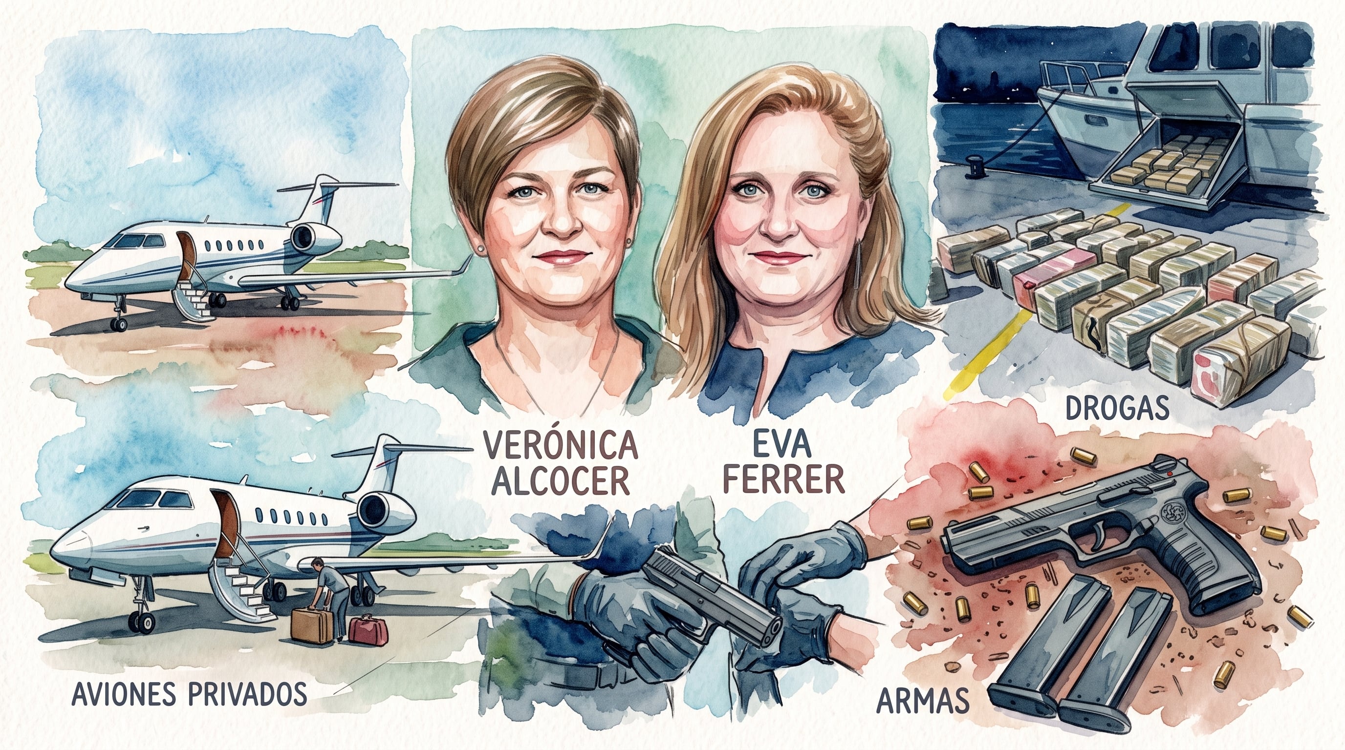 Una ilustración en acuarela reúne los retratos de Verónica Alcocer y Eva Ferrer junto a gráficos que representan aviones privados, cargamentos de drogas y armas de fuego - crédito Imagen Ilustrativa Infobae