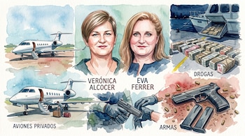 Ilustración en acuarela con rostros de dos mujeres, dos aviones en pista, paquetes apilados en un muelle y una pistola con cartuchos.