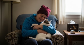 Una persona con gorro y sudadera azul abraza a un gato blanco con manchas marrones y grises, sentados en un sillón. Se observa una lámpara, una mesa lateral y una ventana con luz natural.