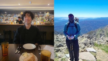 Dos fotografías de un hombre: a la izquierda, sentado a la mesa de un restaurante; a la derecha, en una cima rocosa con equipo de senderismo