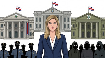 Caricatura de mujer rubia en traje azul, frente a tres edificios gubernamentales agrietados con banderas de Costa Rica, flanqueada por policías y figuras encapuchadas.