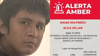 Imagen dividida: a la izquierda, primer plano de un joven con cabello oscuro; a la derecha, texto de Alerta Amber en fondo rojo y gris