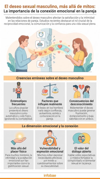 Infografía sobre el deseo sexual masculino, muestra una pareja, burbujas con símbolos de estereotipos y afecto, y paneles explicativos con ilustraciones.