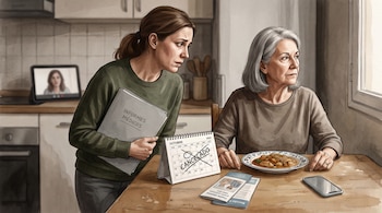 Dos mujeres en una cocina junto a una mesa con un plato de comida, un calendario con la palabra cancelado, informes médicos y una tableta.