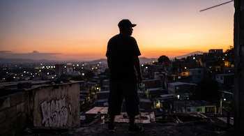 Silueta de un hombre con gorra y camiseta mirando un paisaje urbano al atardecer, con edificios y luces de la ciudad difuminadas bajo un cielo anaranjado y morado.