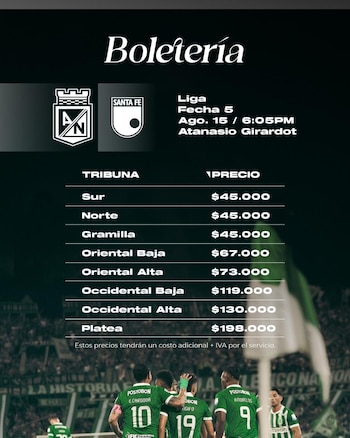 Esta es la boletería para el partido entre Atlético Nacional e independiente Santa Fe - crédito Atlético Nacional
