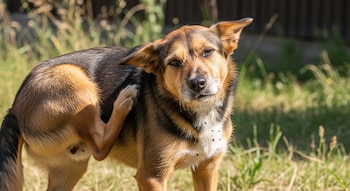 Un perro mestizo de pelaje marrón y negro se rasca la cadera con su pata trasera en un entorno exterior con hierba y luz solar brillante.
