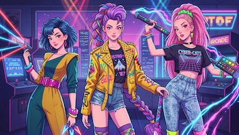Tres mujeres animadas con ropa de neón y peinados ochenteros sostienen objetos luminosos dentro de un salón de juegos recreativos