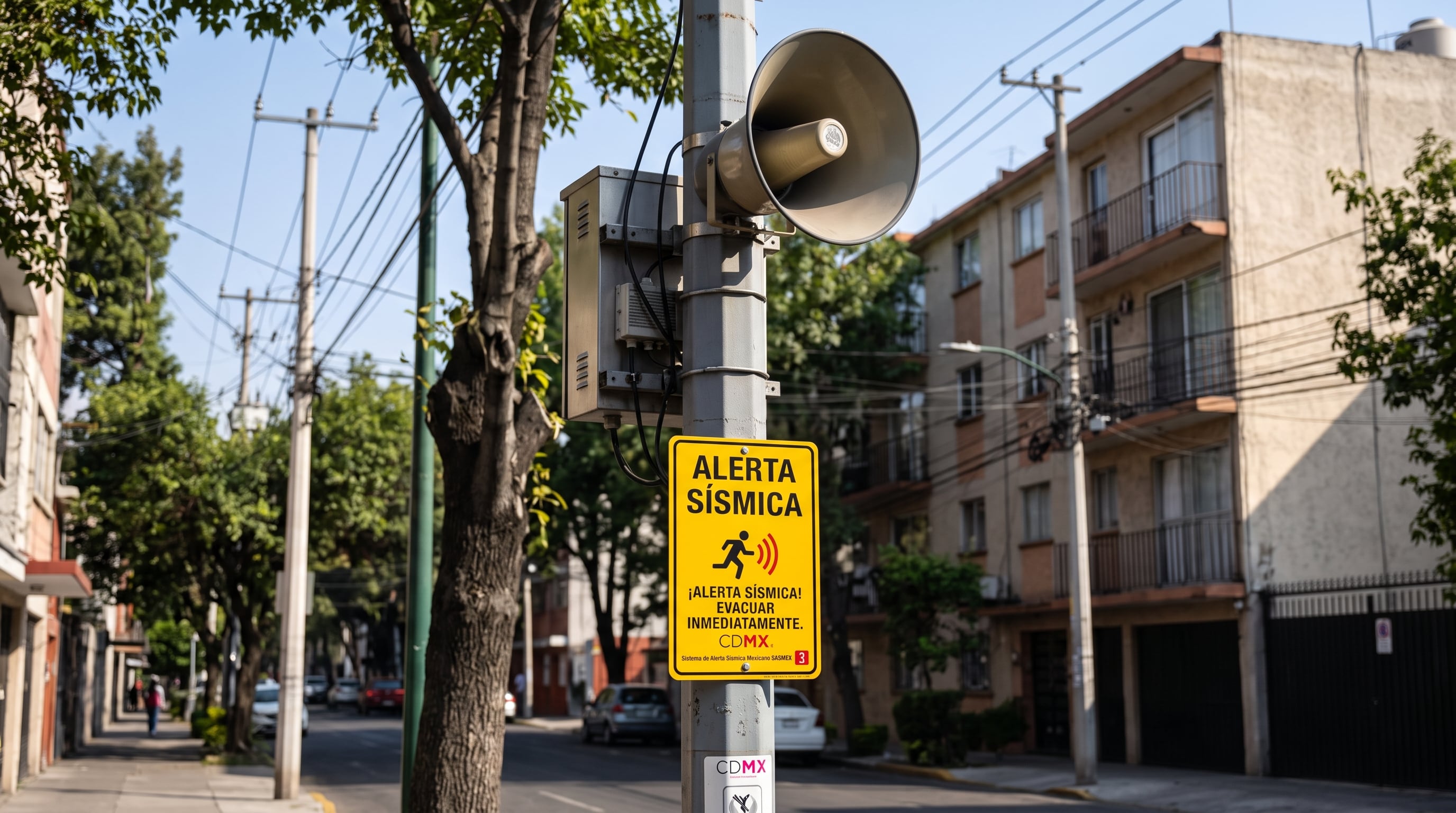 Un altavoz y un letrero amarillo de alerta sísmica se encuentran instalados en un poste (Imagen Ilustrativa Infobae)