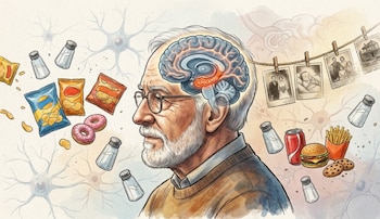 Ilustración de un hombre mayor con gafas, mostrando su cerebro y el hipocampo. Alrededor flotan comida chatarra, saleros y fotos antiguas colgadas de una cuerda