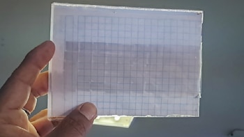 Una mano sostiene ante la luz una hoja de papel cuadriculado plastificada que contiene pequeños objetos en su interior