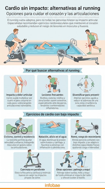Infografía de ejercicios de bajo impacto: ciclismo estático, natación, remo, caminata, patinaje, esquí. Muestra persona con rodilla dolorida. Logo Infobae.