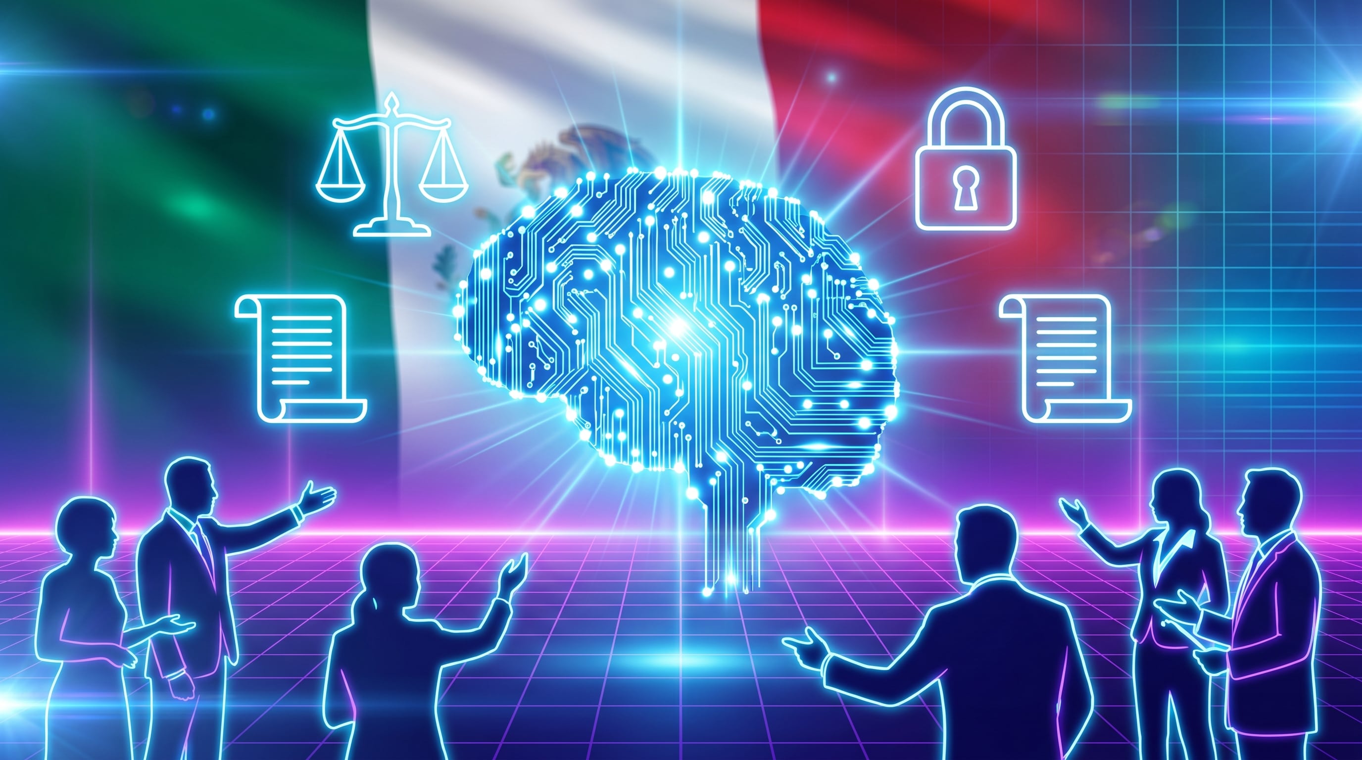 La ilustración muestra un cerebro artificial flotando en un contexto de debate legal y político en México, con siluetas de personas y símbolos de justicia rodeando la inteligencia artificial. (Imagen Ilustrativa Infobae)