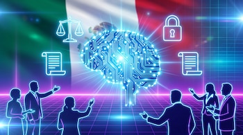Cerebro artificial brillante de circuitos, balanza, candado, dos documentos, siluetas de personas y bandera difusa de México, sobre cuadrícula digital.