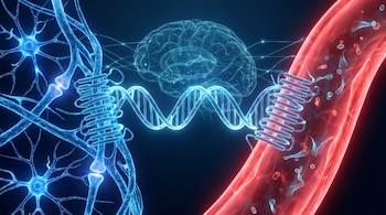 Ilustración digital mostrando una neurona azul, un vaso sanguíneo rojo y una doble hélice de ADN conectando dos estructuras de proteínas, con un cerebro de fondo.