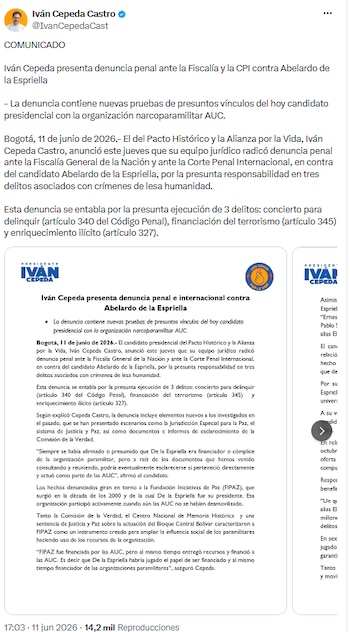 Iván Cepeda denunció ante la Fiscalía y la CPI a Abelardo de la Espriella por presuntos vínculos con las AUC - crédito @IvanCepedaCast/X