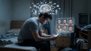 Varón joven sentado en cama mirando teléfono. Sobre él, cerebro translúcido, iconos digitales y seis imágenes de hombres musculosos flotando en el aire.