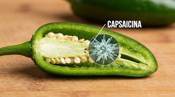 Medio chile jalapeño verde abierto, con sus semillas y una representación microscópica de la capsaicina.