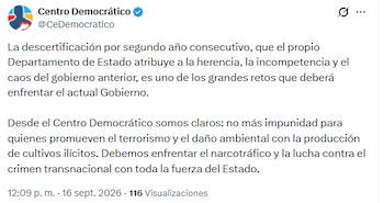 El partido de gobierno señaló que la medida es consecuencia del accionar de Gustavo Petro - crédito @CeDemocratico/X