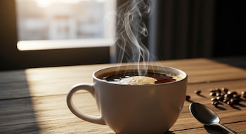 Primer plano de una taza blanca de café americano humeante sobre una mesa de madera con granos de café y una cuchara, iluminada por una ventana.