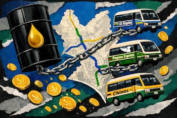 Ilustración digital de un barril de petróleo conectado por cadenas a micros de transporte (El Rápido, Pegaso Express, Chinos), sobre un mapa de Lima, con monedas de sol cayendo.