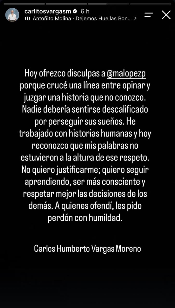 Carlitos Vargas emitió un breve comunicado pronunciándose sobre la situación en el programa - crédito @carlitosvargasm/IG