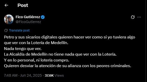 Fico Gutiérrez contestó a la criticas en su contra por la controversia de la Lotería de Bogotá - crédito @FicoGutierrez
