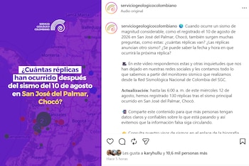 El reporte del Servicio Geológico Colombiano se conoció la mañana del miércoles 12 de agosto de 2026 - crédito @serviciogeologicocolombiano/IG