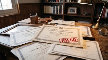 Títulos universitarios, certificados y diplomas sobre un escritorio de madera con un sello rojo que dice falso en la parte central.