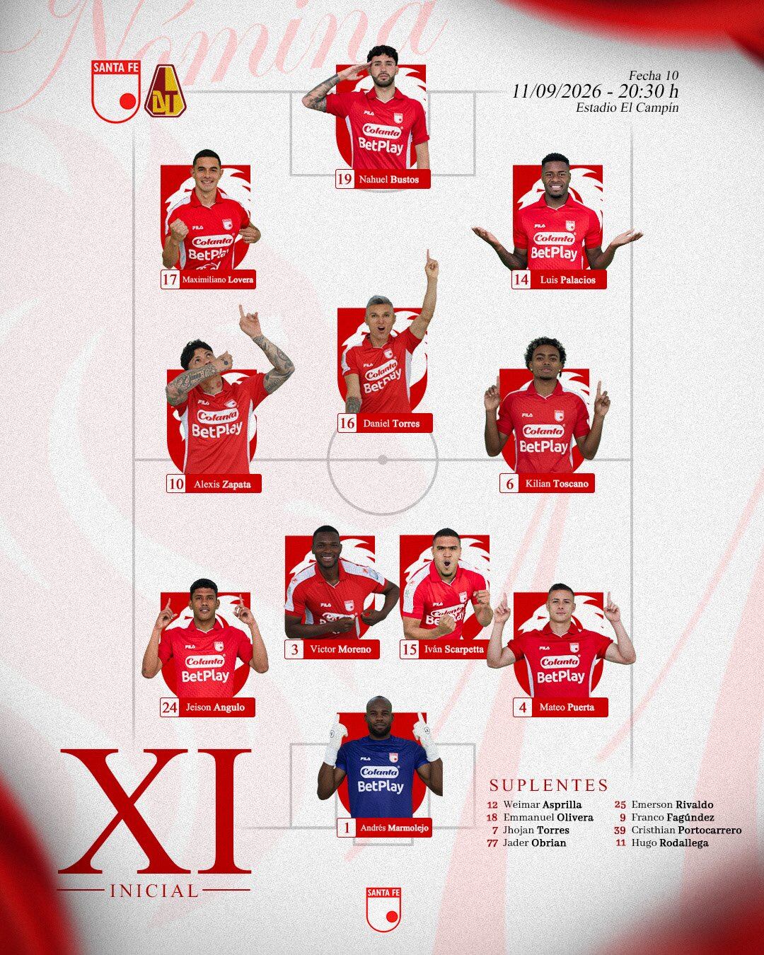 Formación de Santa Fe para enfrentar al Deportes Tolima por la fecha 10 de la Liga BetPlay - crédito Santa Fe