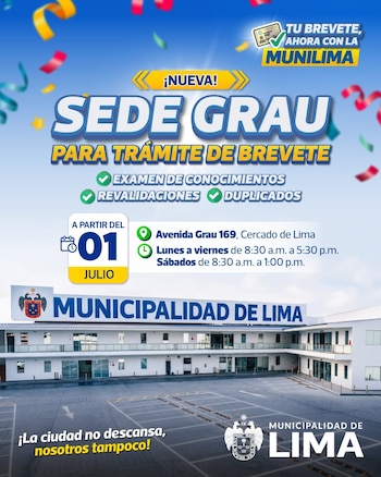 Infográfico da cidade de Lima com prédios brancos, estacionamentos, texto anunciando a nova sede da Grau com orientações, endereço e horário.