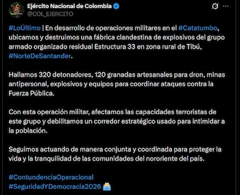 El grupo armado Estructura 33 usaba el complejo para coordinar ataques con drones y restringir la movilidad en un corredor estratégico del Catatumbo - crédito @COL_EJERCITO / X
