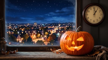 Calabaza tallada con vela sobre un alféizar de madera, junto a hojas secas, un reloj de pared y una ventana con vista a una ciudad nocturna.