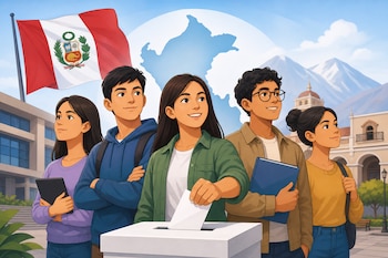 Cinco jóvenes frente a una urna de votación con la bandera peruana y montañas al fondo.