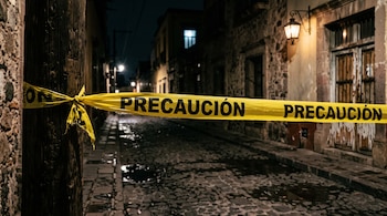 Una cinta de precaución amarilla atada a un poste de madera bloquea una calle de piedra por la noche.