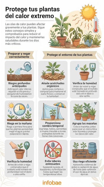 Infografía con el título 'Protege tus plantas del calor extremo'. Muestra ilustraciones de riego, acolchado orgánico, sombreado, control de humedad y sistema de goteo.
