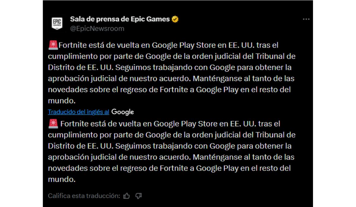 Fortnite confirmó en X que ya se encuentra disponible en la Play Store. (X)